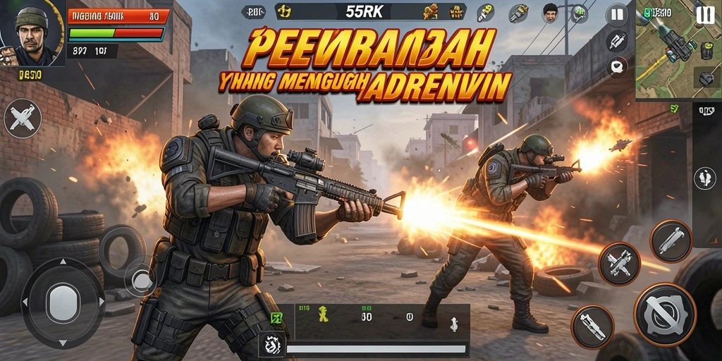Screenshot dari gameplay mendebarkan di 55RK dengan aksi tembak-menembak yang intens.
