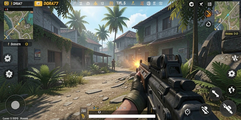 Tampilan gameplay DORA77 yang penuh aksi dan strategi dari perspektif TPS.