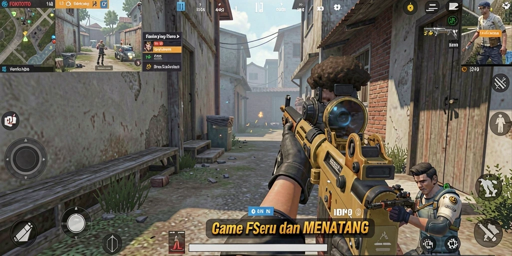 Tangkapan layar gameplay FOMOTOTO dengan aksi tembak-menembak yang intens.