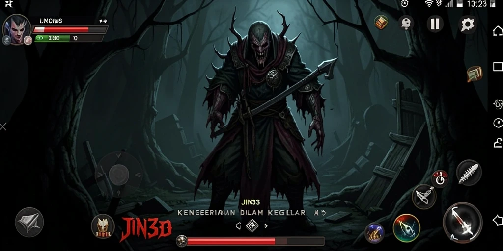 Screenshot gameplay menyeramkan di JIN33 dengan suasana menegangkan.