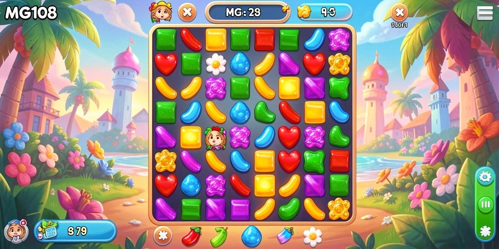 Screenshot MG108 menunjukkan gameplay Match-3 yang seru dengan elemen warna-warni.