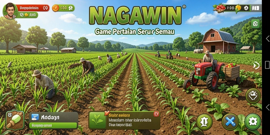 Screenshot gameplay NAGAWIN yang menunjukkan aktivitas berkebun dan peternakan.