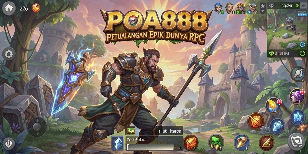 Screenshot utama POA88 menampilkan pertarungan epik di dunia fantasi RPG.
